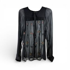 Antik Batik Sheer Embroidered Long Sleeve Blouse in Black Size S